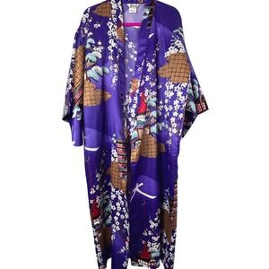 Kimono Robe Japan Cherry Blossom Minka Purple Polyester Sash Sz M 50 in LONG